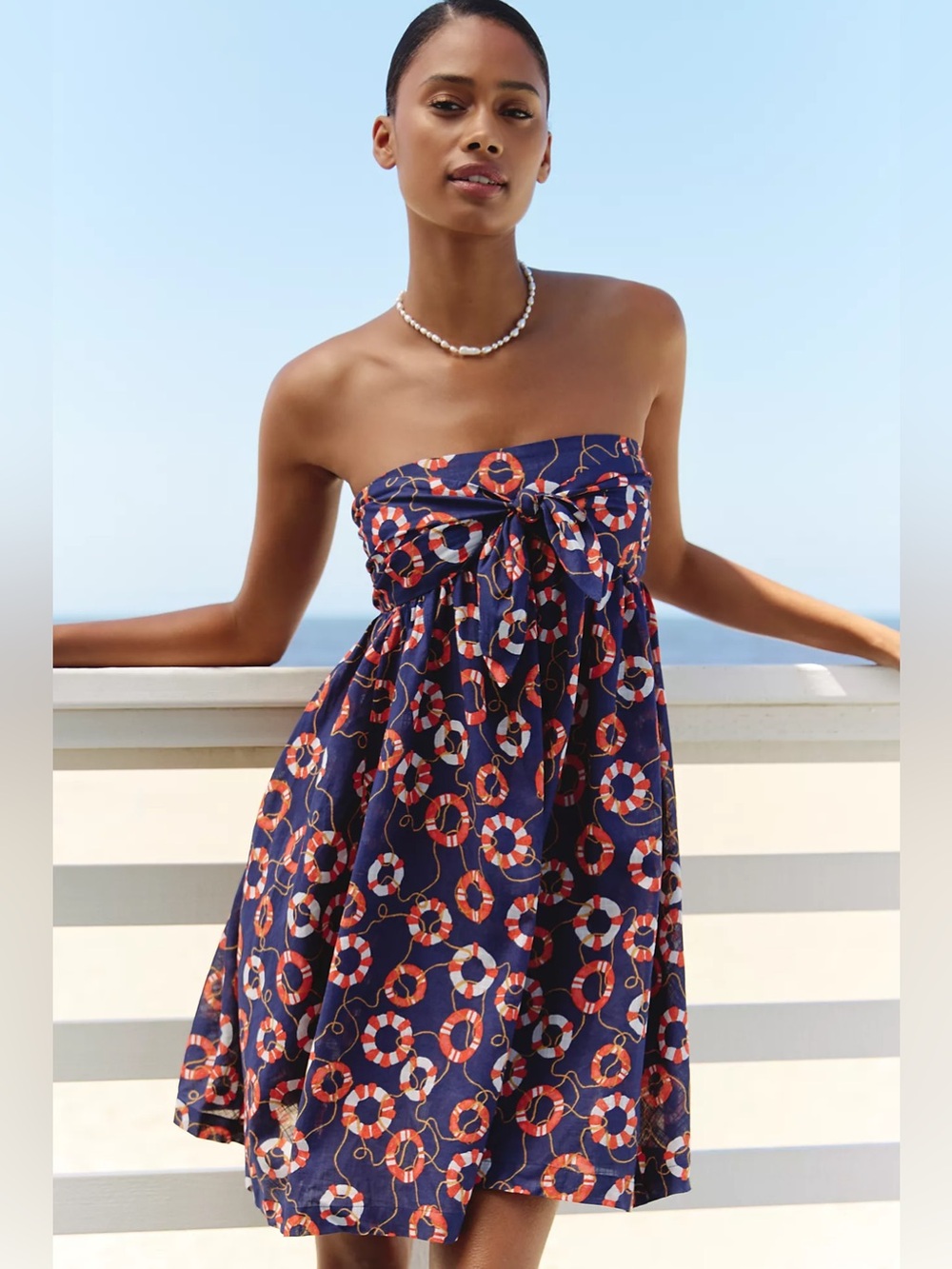 Anthropologie Celandine Cotton Sleeveless Bow-Front Mini Dress Navy Blue Large